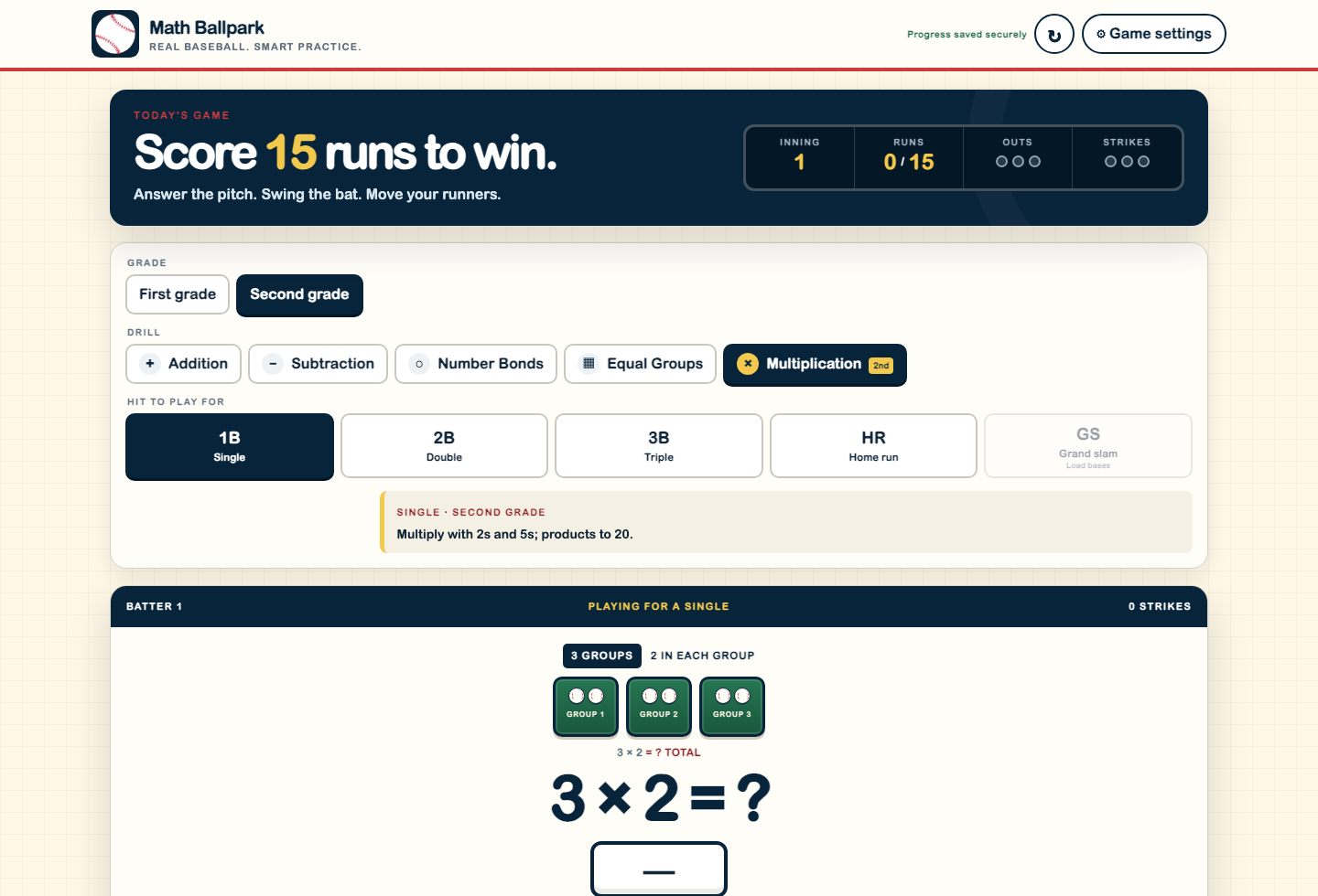 Math Ballpark game showing the scoreboard, grade and drill selectors, and hit choices