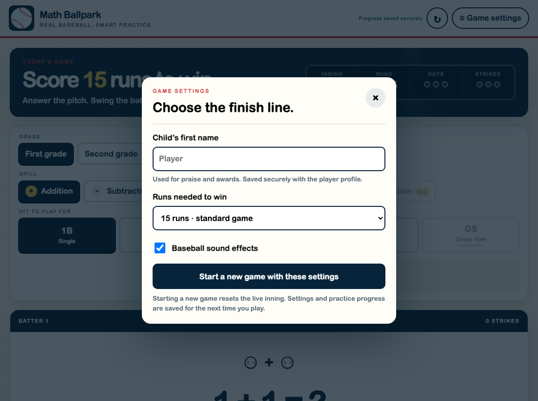 Math Ballpark game settings showing the child name, finish line, sound controls, and server-protected progress message